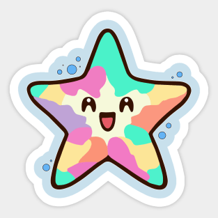 Happy smiling baby starfish with bubbles. Kawaii cartoon Sticker